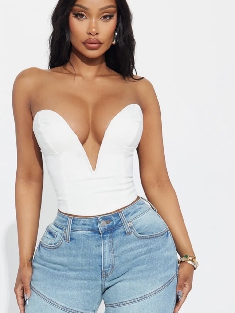 Strapless Plunge V-Neck White Bustier Top